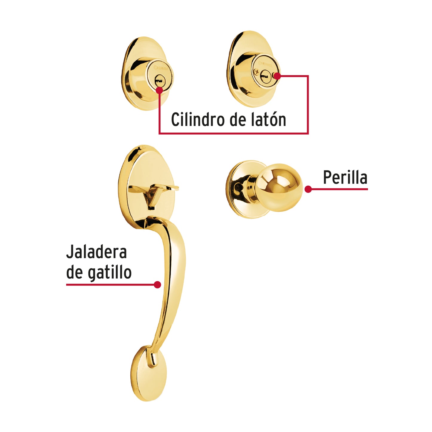 Jaladera, perilla y cerrojo llave-llave, latón brillante CEP-12PJ 43020 MM0