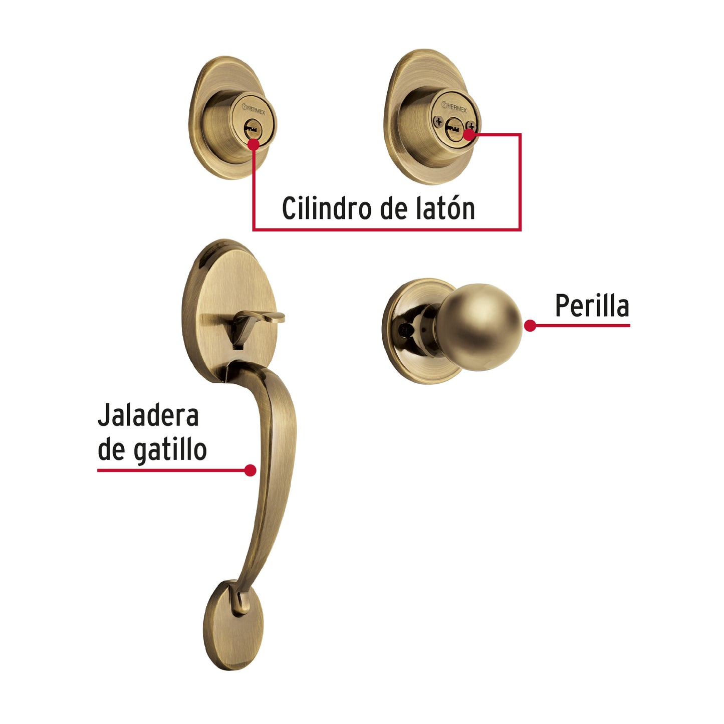 Jaladera, perilla y cerrojo llave-llave, latón antiguo CEP-22PJ 43022 MM0