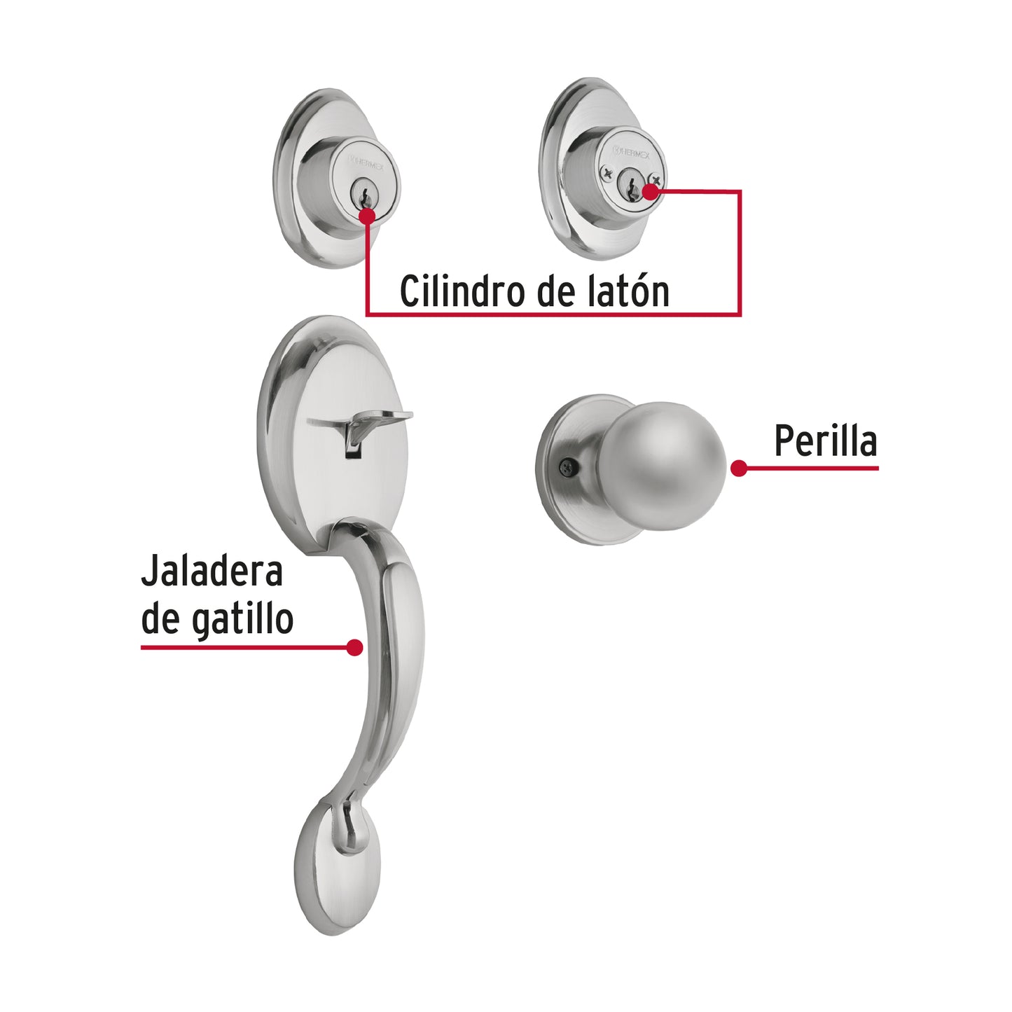 Jaladera, perilla y cerrojo llave, cromo mate, Hermex Basic CEP-32PJP 23674 MM0