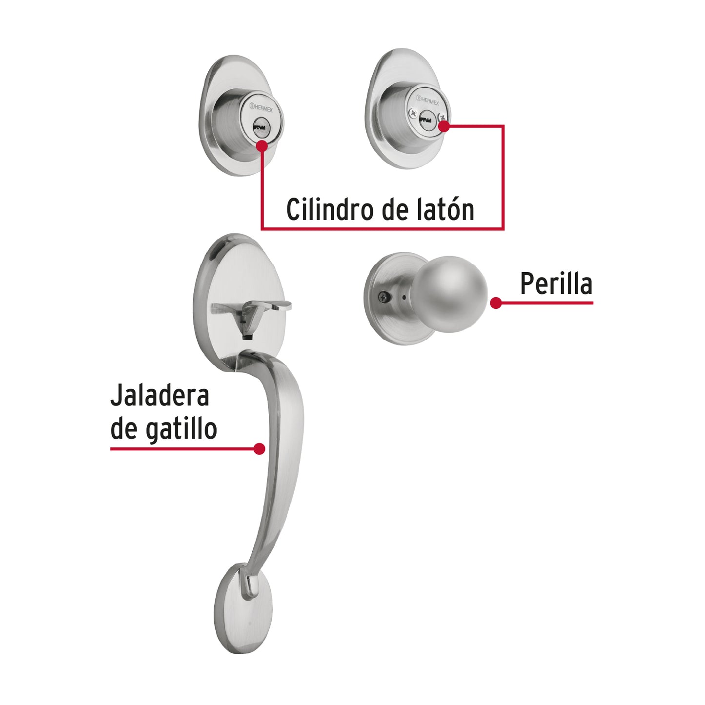 Jaladera, perilla y cerrojo llave-llave, cromo mate, Hermex CEP-32PJ 43024 MM0