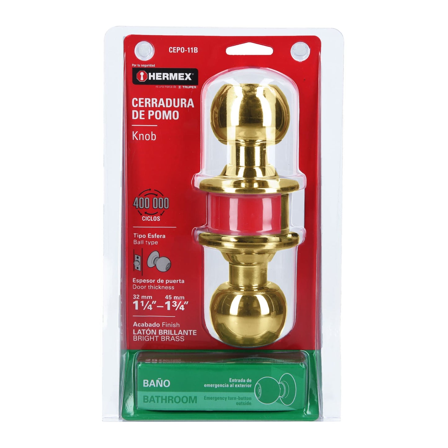 Cerradura tipo esfera para baño, latón brillante, Hermex CEPO-11B 43471 MM0