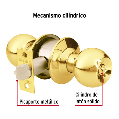 Cerradura tipo esfera para recámara, latón brillante, Hermex CEPO-11R 43473 MM0