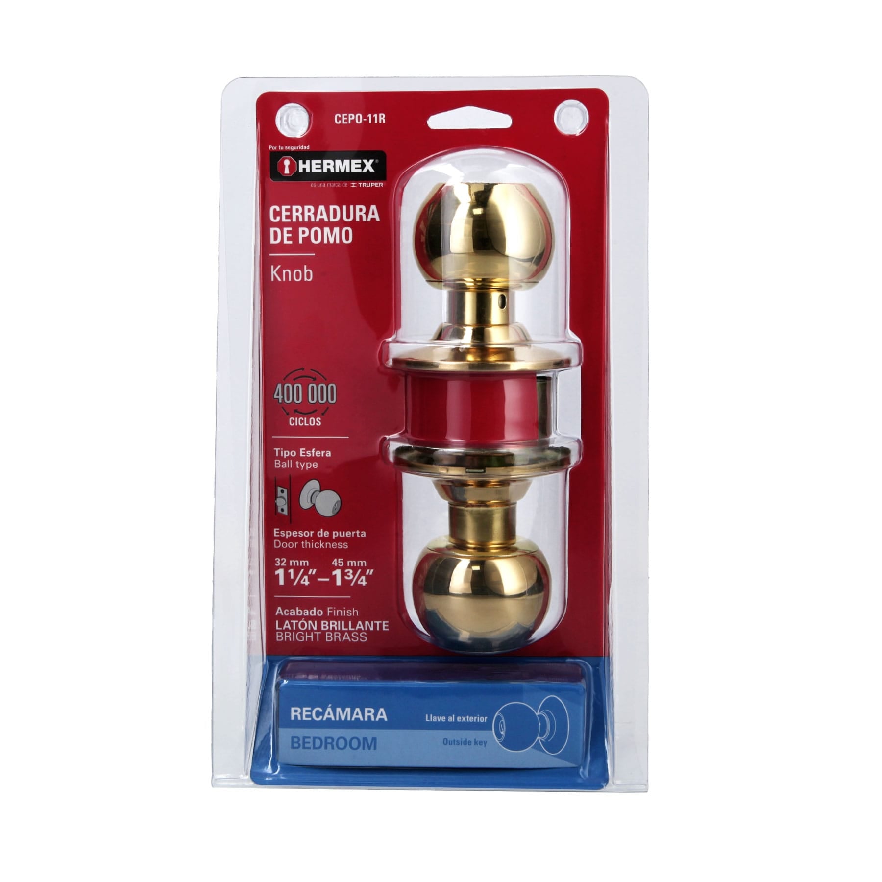 Cerradura tipo esfera para recámara, latón brillante, Hermex CEPO-11R 43473 MM0