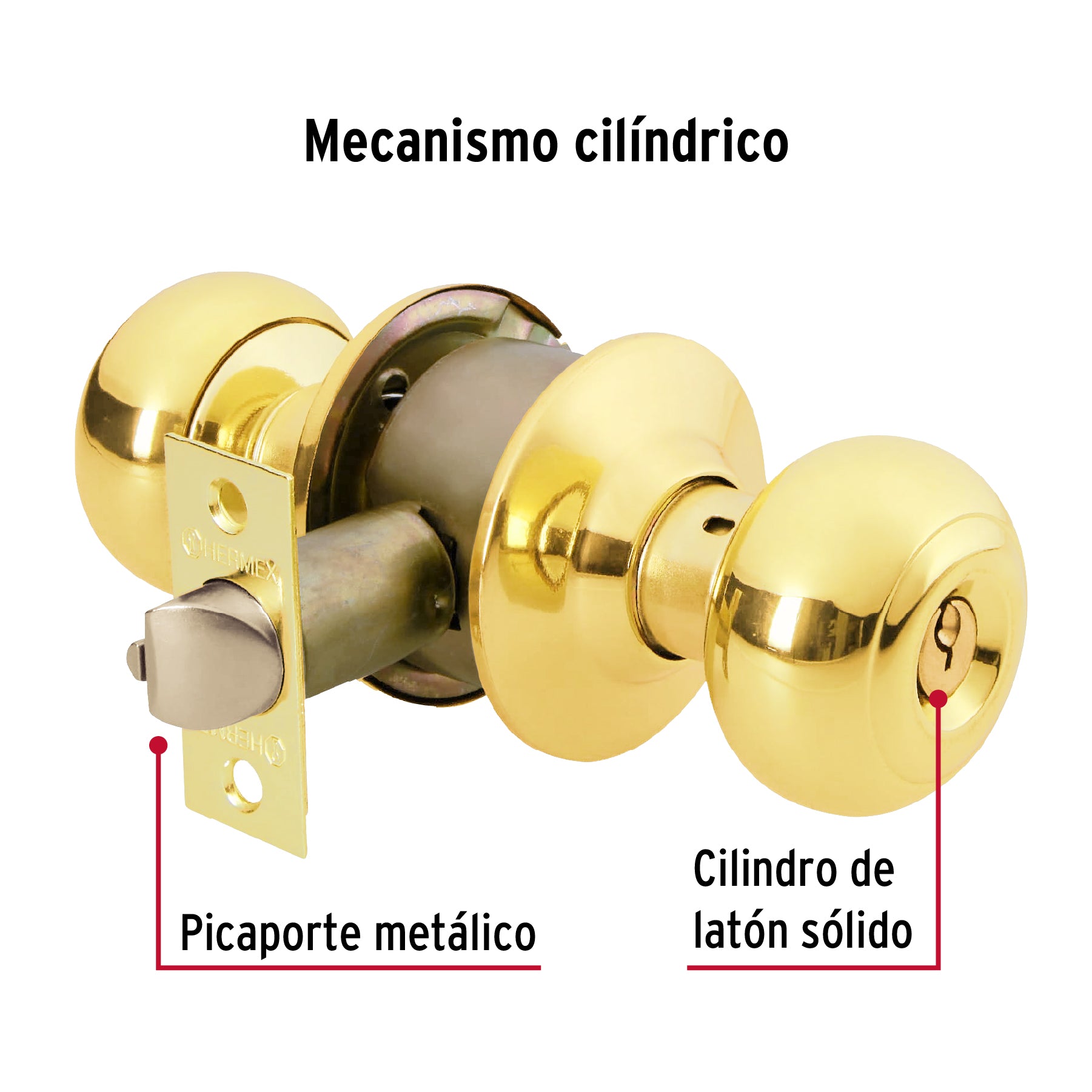 Cerradura tipo oval para recámara, latón brillante, Hermex CEPO-12R 43458 MM0