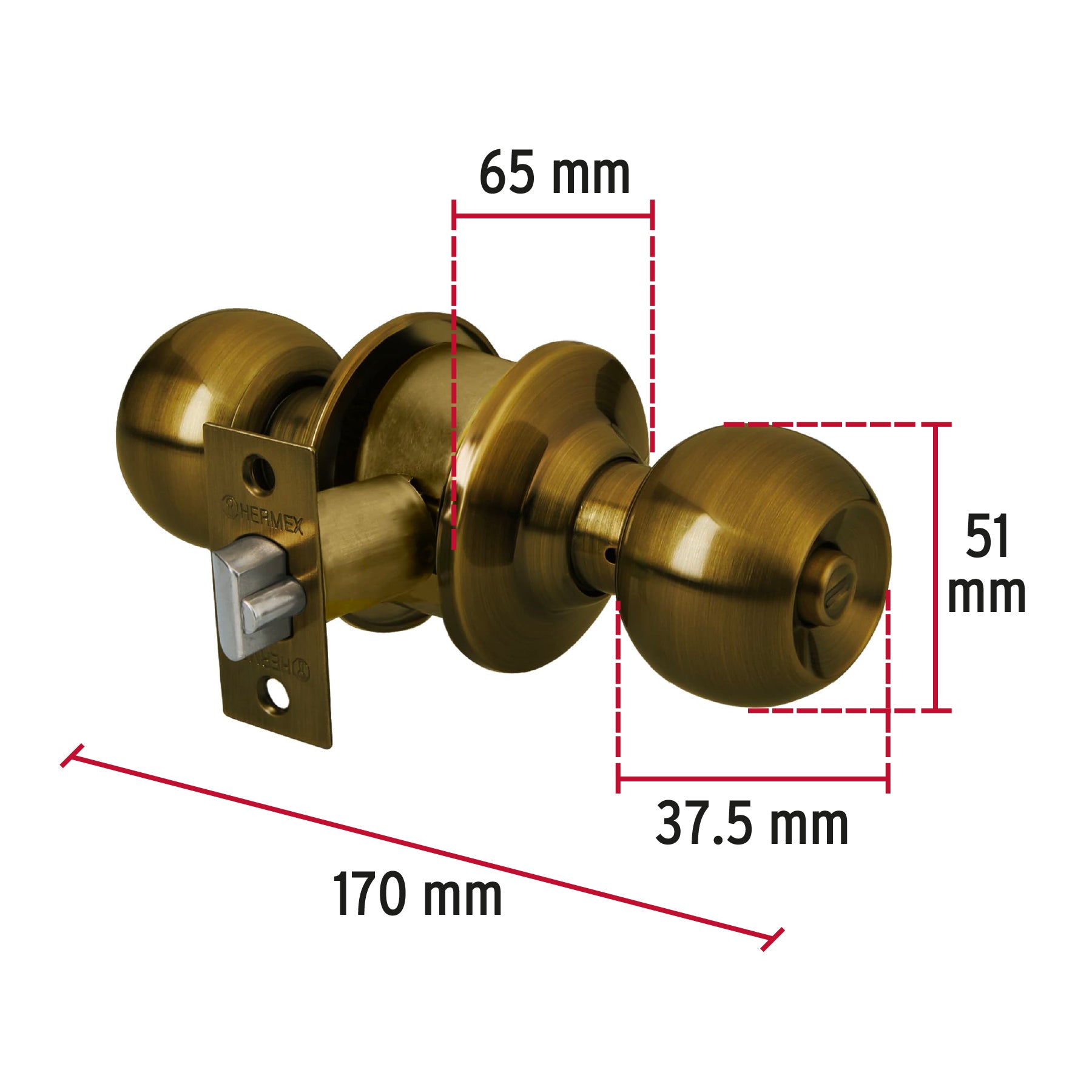 Cerradura tipo esfera para recámara, latón antiguo, Hermex CEPO-21R 43470 MM0