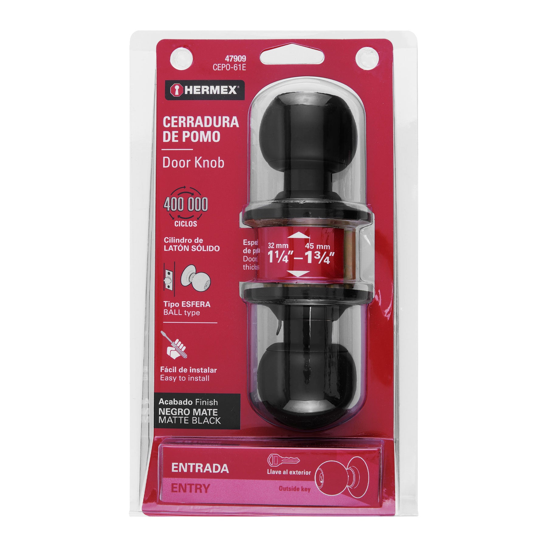 Cerradura pomo, negro, esfera, entrada, Hermex CEPO-61E 47909 MM0