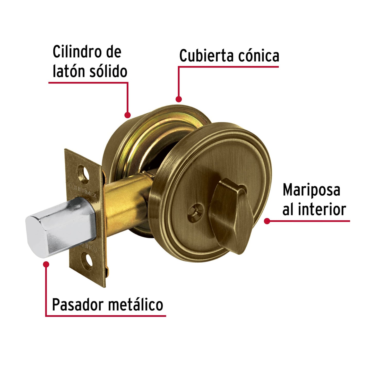 Cerrojo llave-mariposa latón antiguo, llave de puntos,Hermex CERO-21 43596 MM0