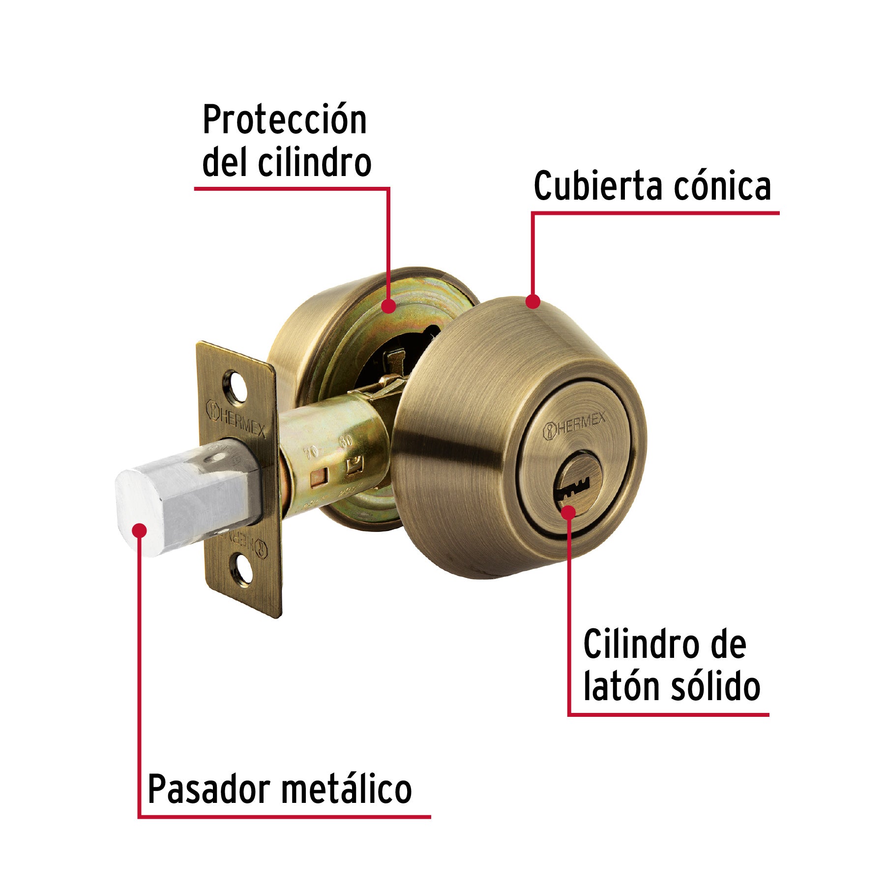 Cerrojo llave-llave latón antiguo, llave de puntos, Hermex CERO-22 43597 MM0