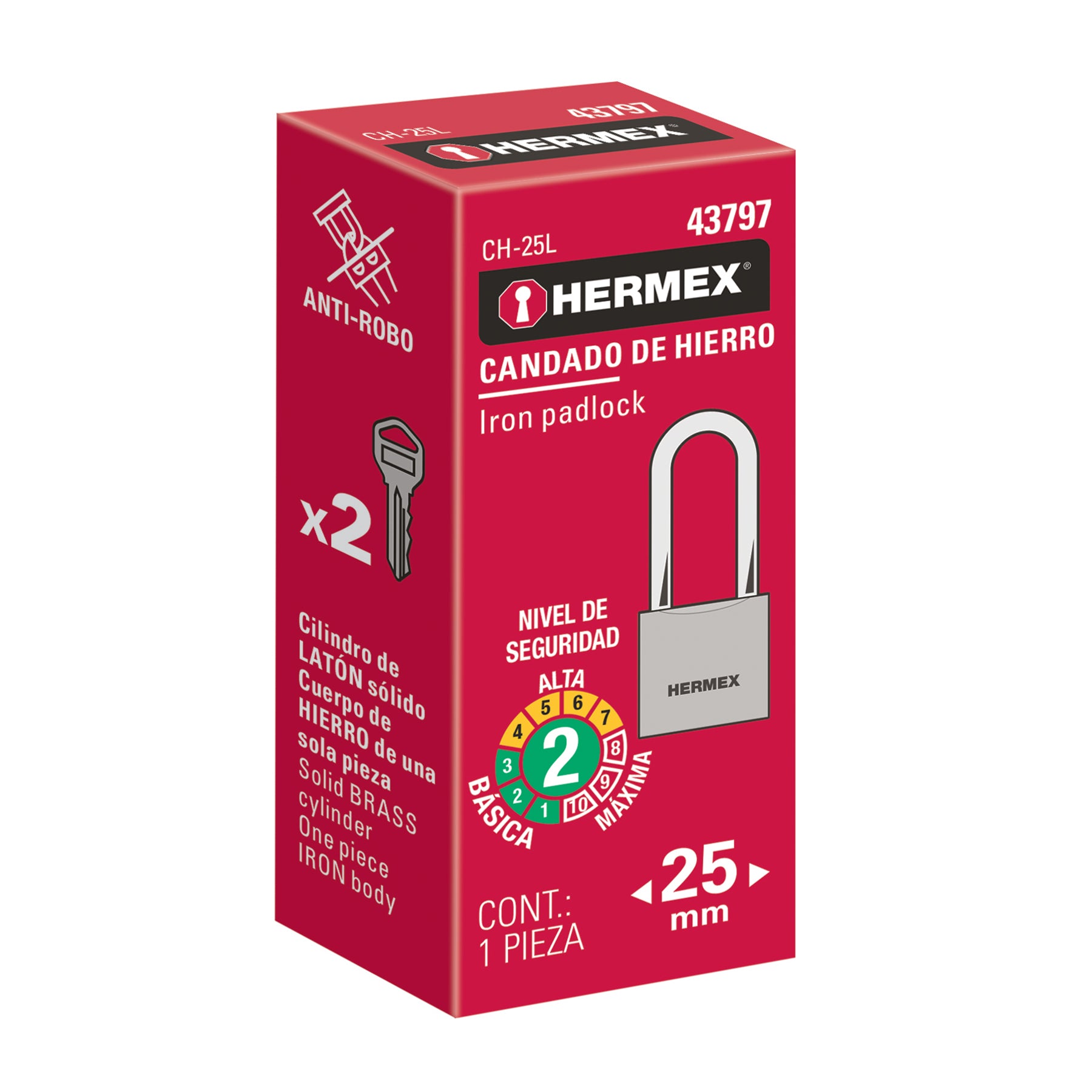 Candado de hierro 25 mm gancho largo en caja, Hermex CH-25L 43797 MM0