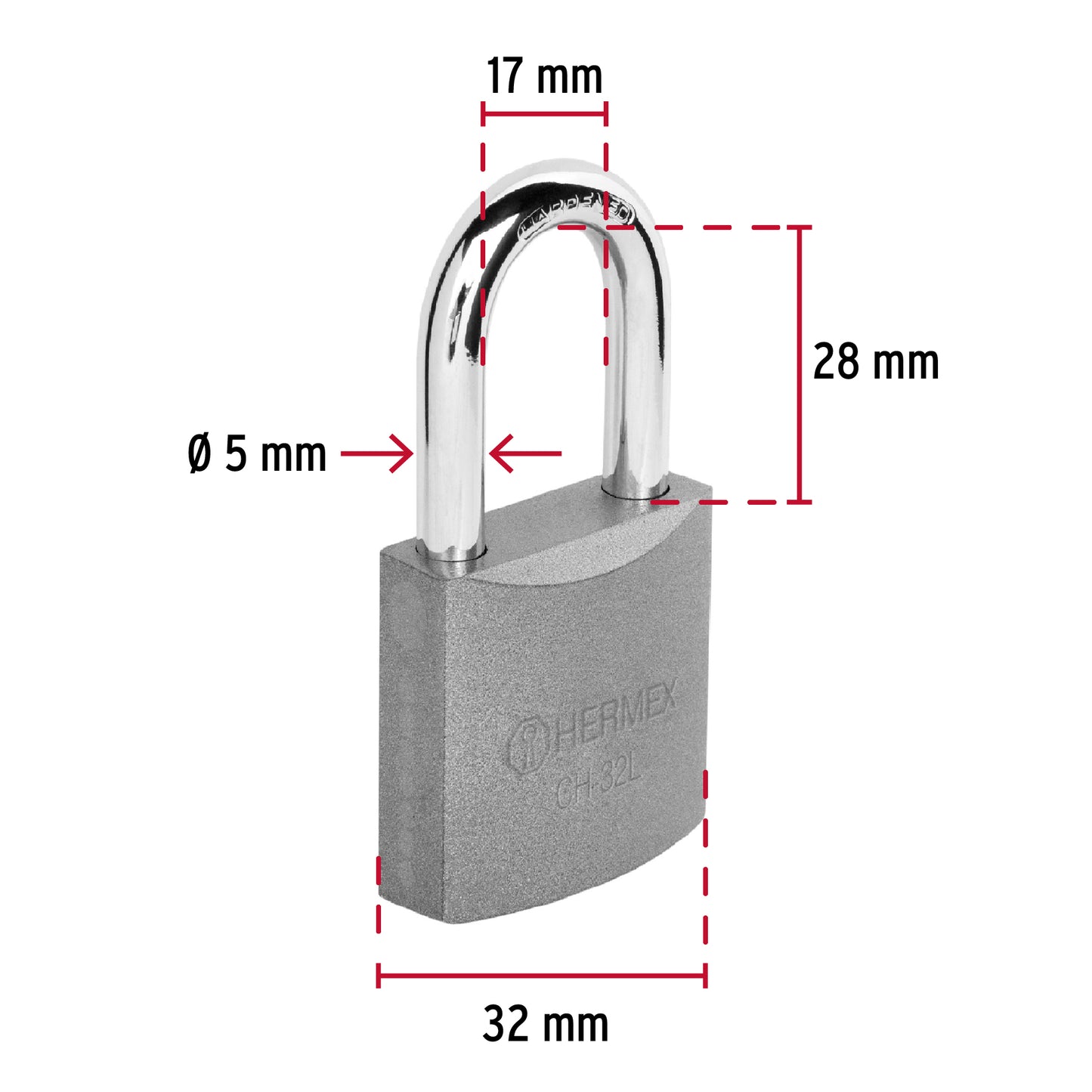 Candado de hierro 32 mm gancho largo en caja, Hermex CH-32L 43793 MM0