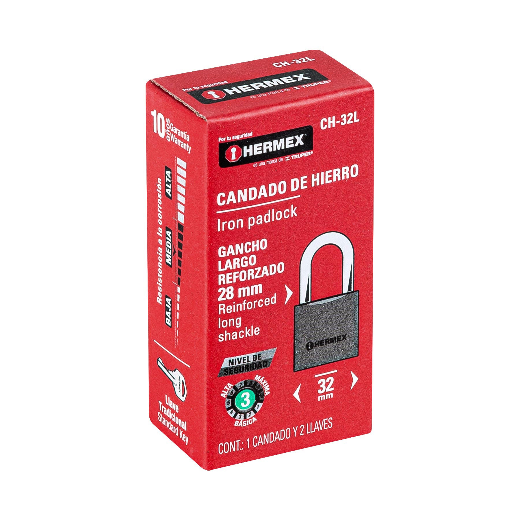 Candado de hierro 32 mm gancho largo en caja, Hermex CH-32L 43793 MM0