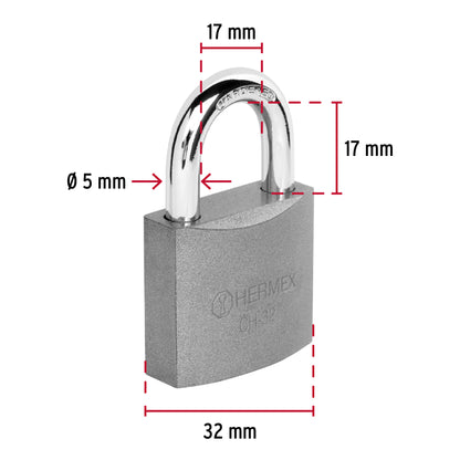 Candado de hierro 32 mm gancho corto en caja, Hermex CH-32 43791 MM0