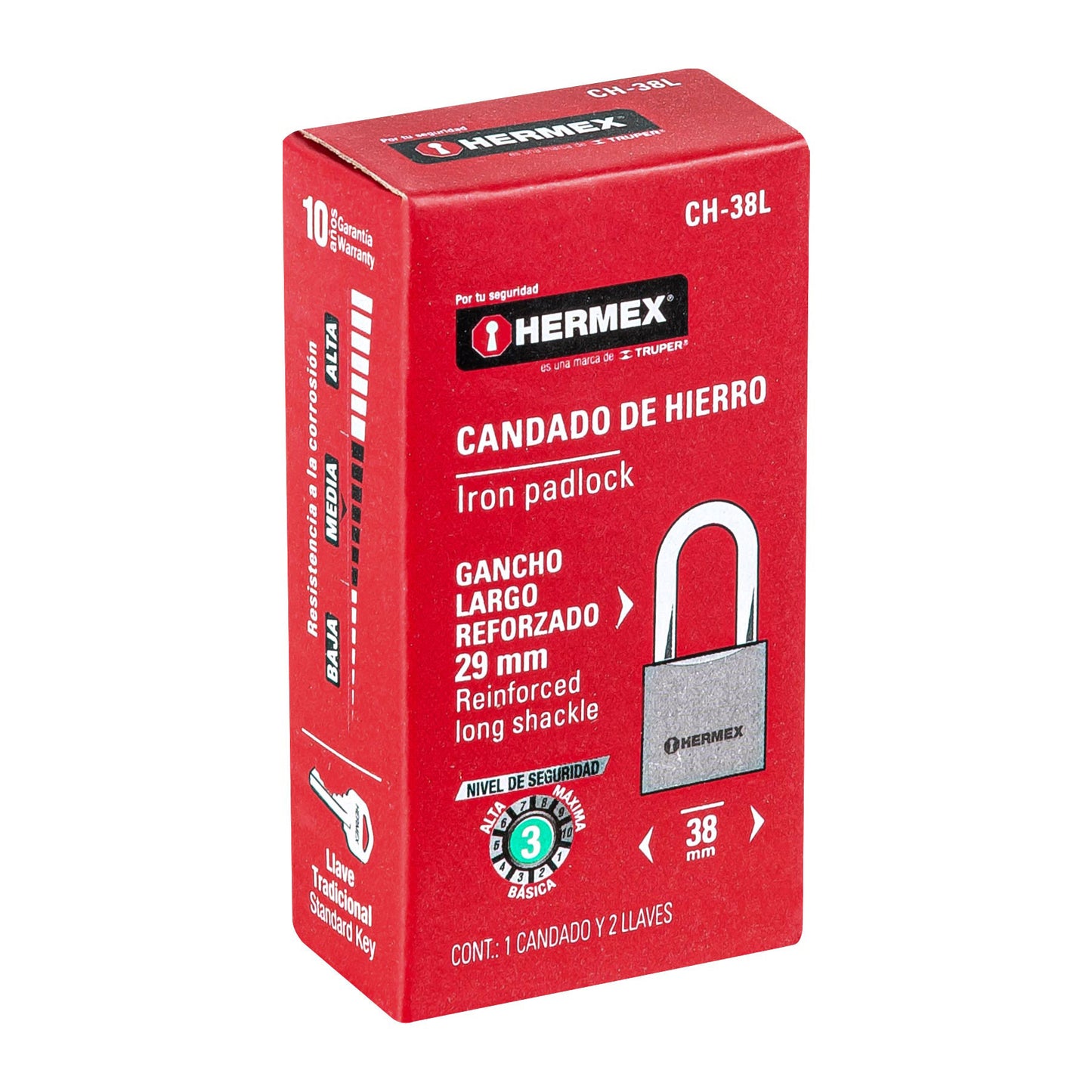 Candado de hierro 38 mm gancho largo en caja, Hermex CH-38L 43323 MM0