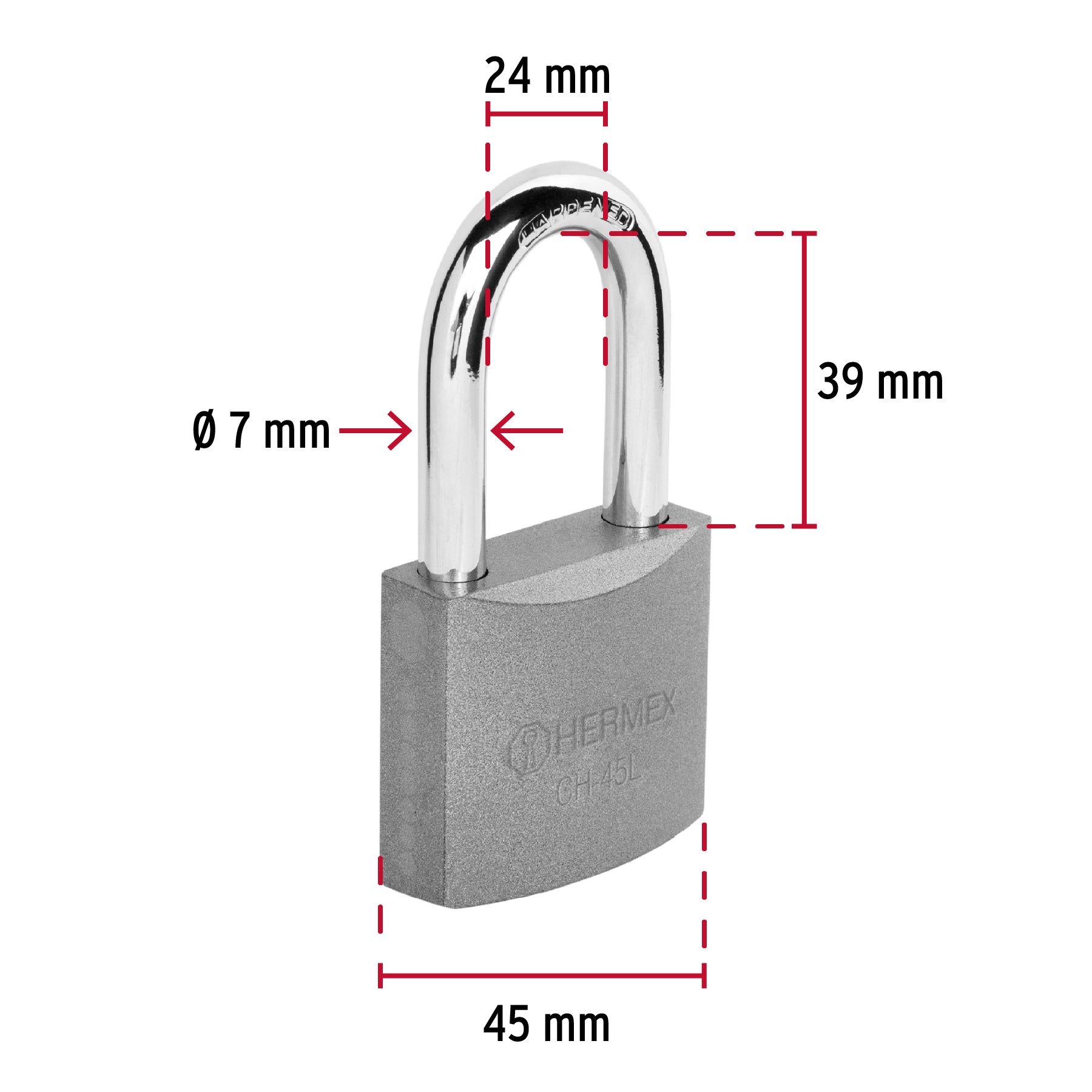 Candado de hierro 45 mm gancho largo en caja, Hermex CH-45L 43324 MM0