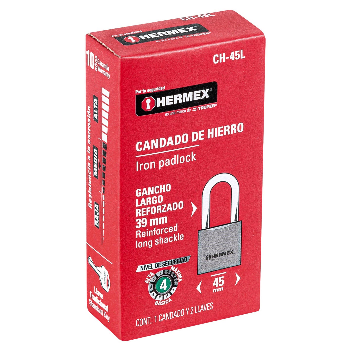 Candado de hierro 45 mm gancho largo en caja, Hermex CH-45L 43324 MM0