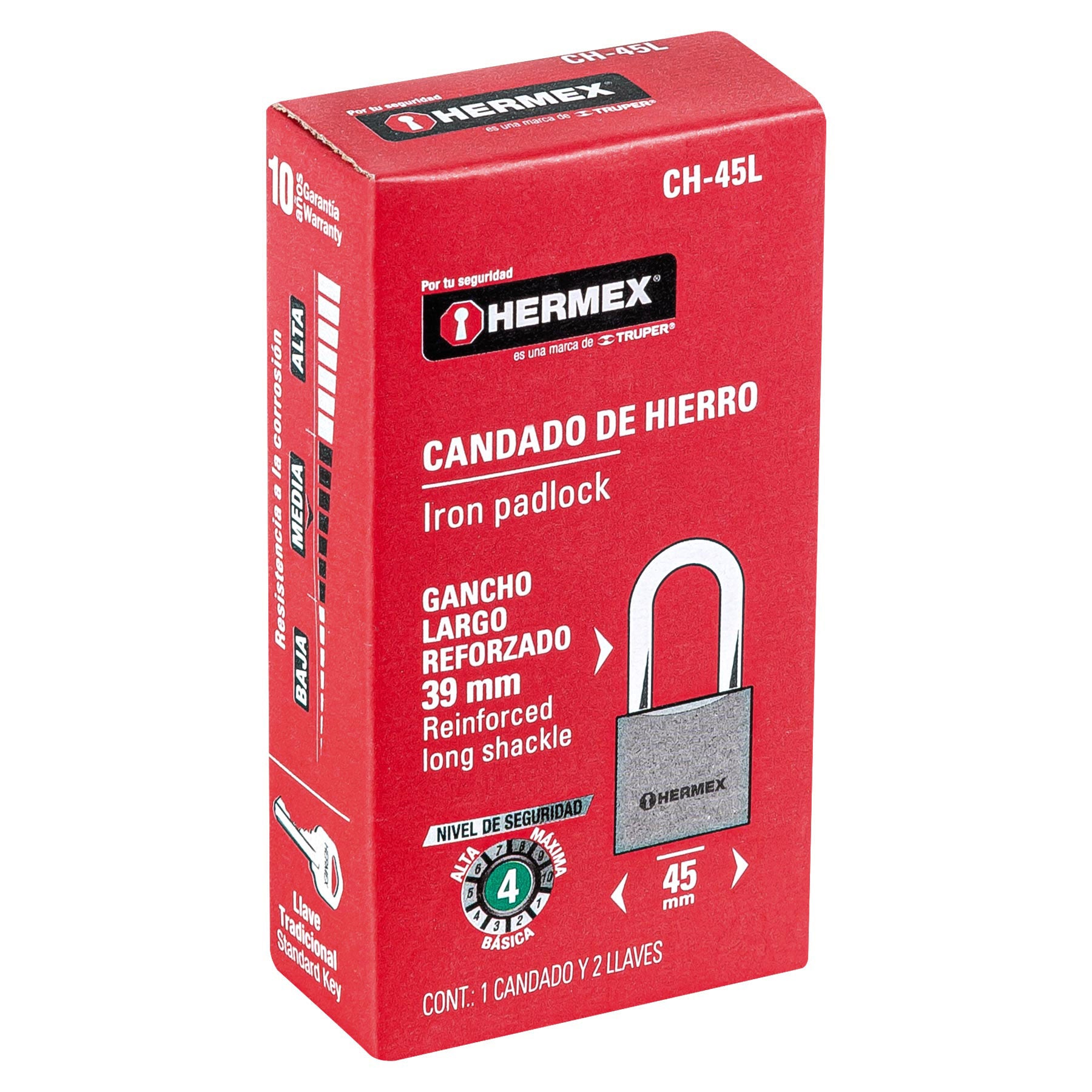 Candado de hierro 45 mm gancho largo en caja, Hermex CH-45L 43324 MM0