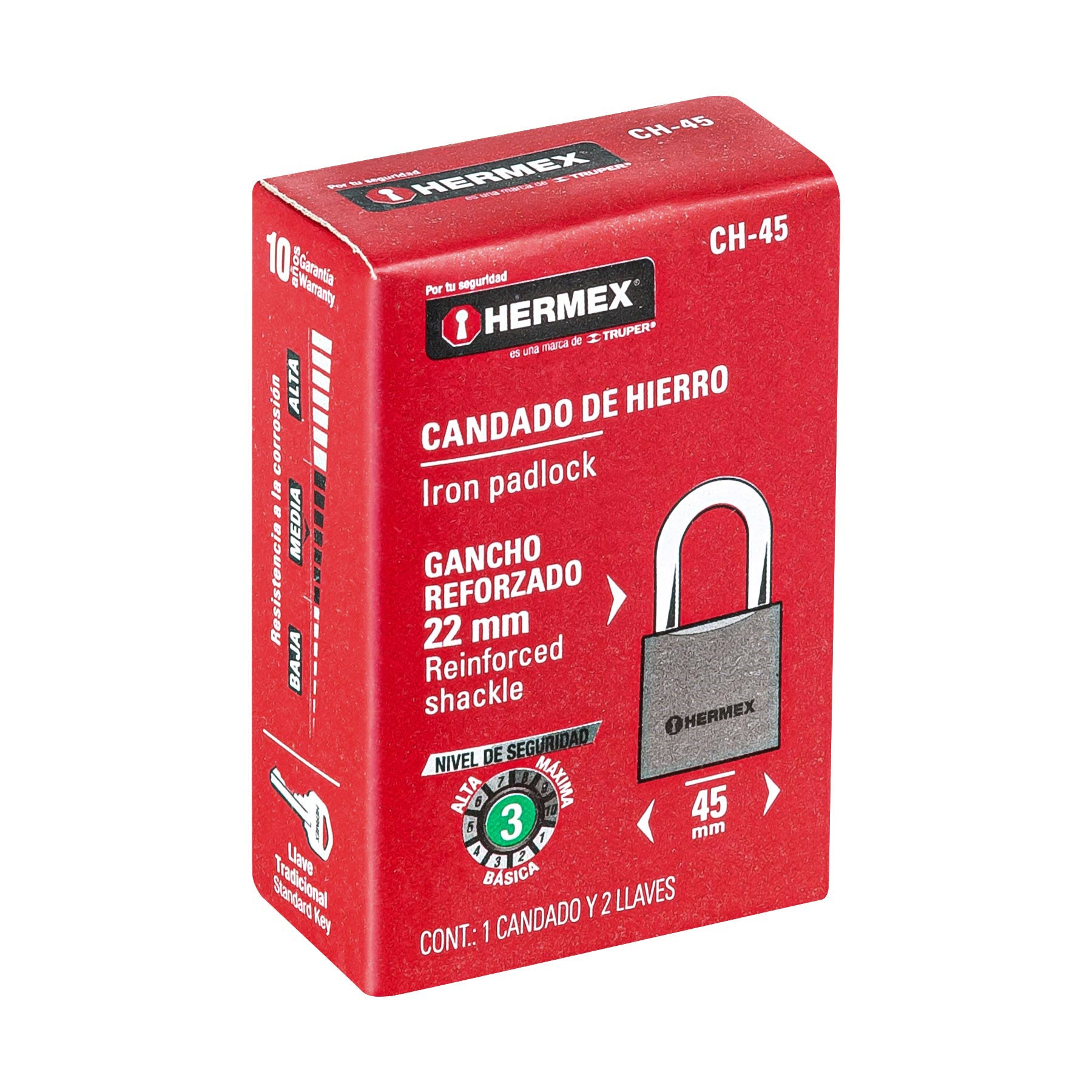 Candado de hierro 45 mm gancho corto en caja, Hermex CH-45 43316 MM0