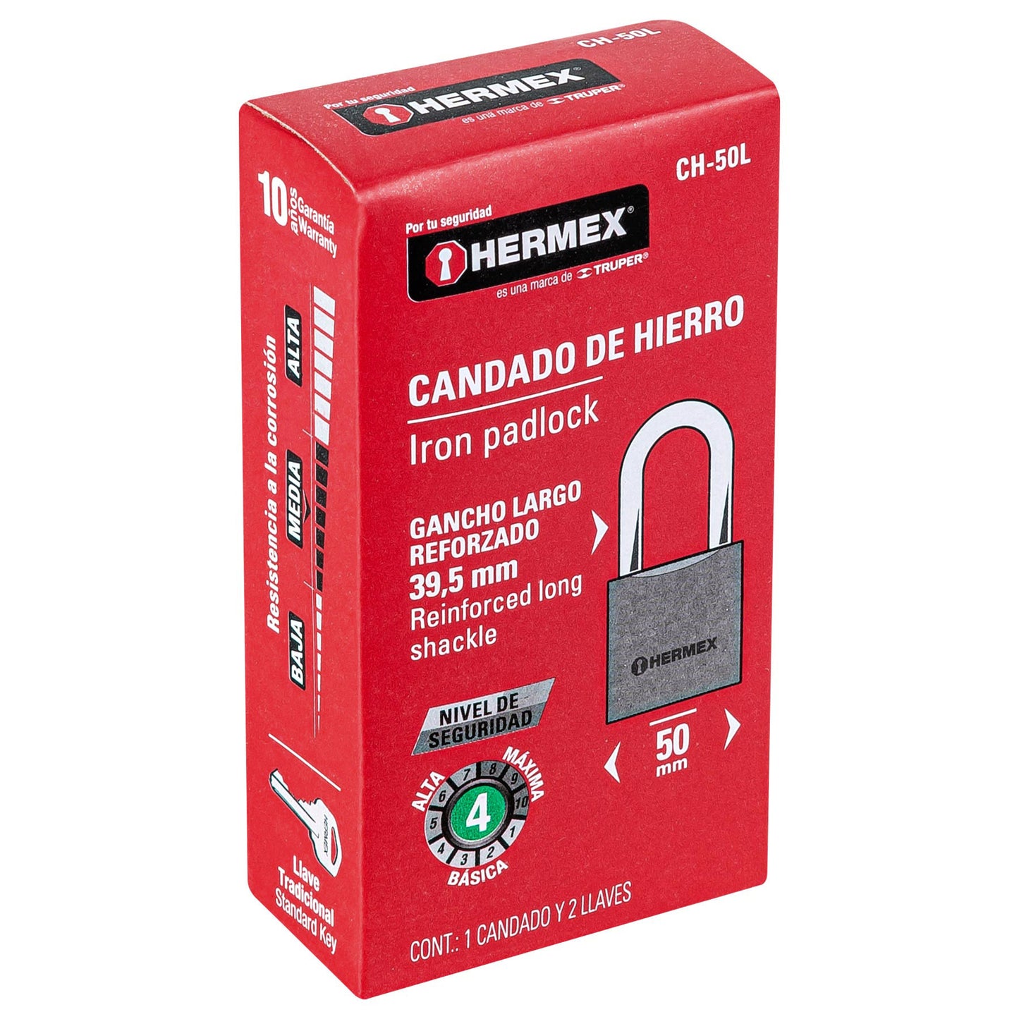 Candado de hierro 50 mm gancho largo en caja, Hermex CH-50L 43325 MM0