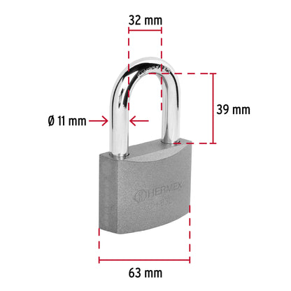 Candado de hierro 63 mm gancho largo en caja, Hermex CH-63L 43802 MM0