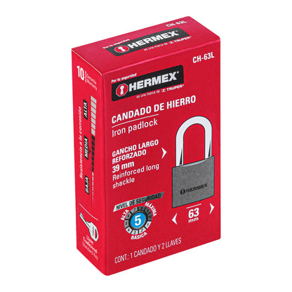 Candado de hierro 63 mm gancho largo en caja, Hermex CH-63L 43802 MM0