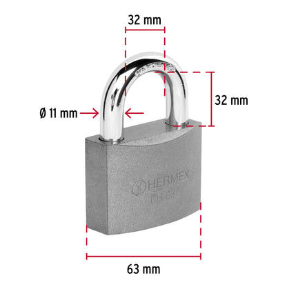 Candado de hierro 63 mm gancho corto en caja, Hermex CH-63 43801 MM0