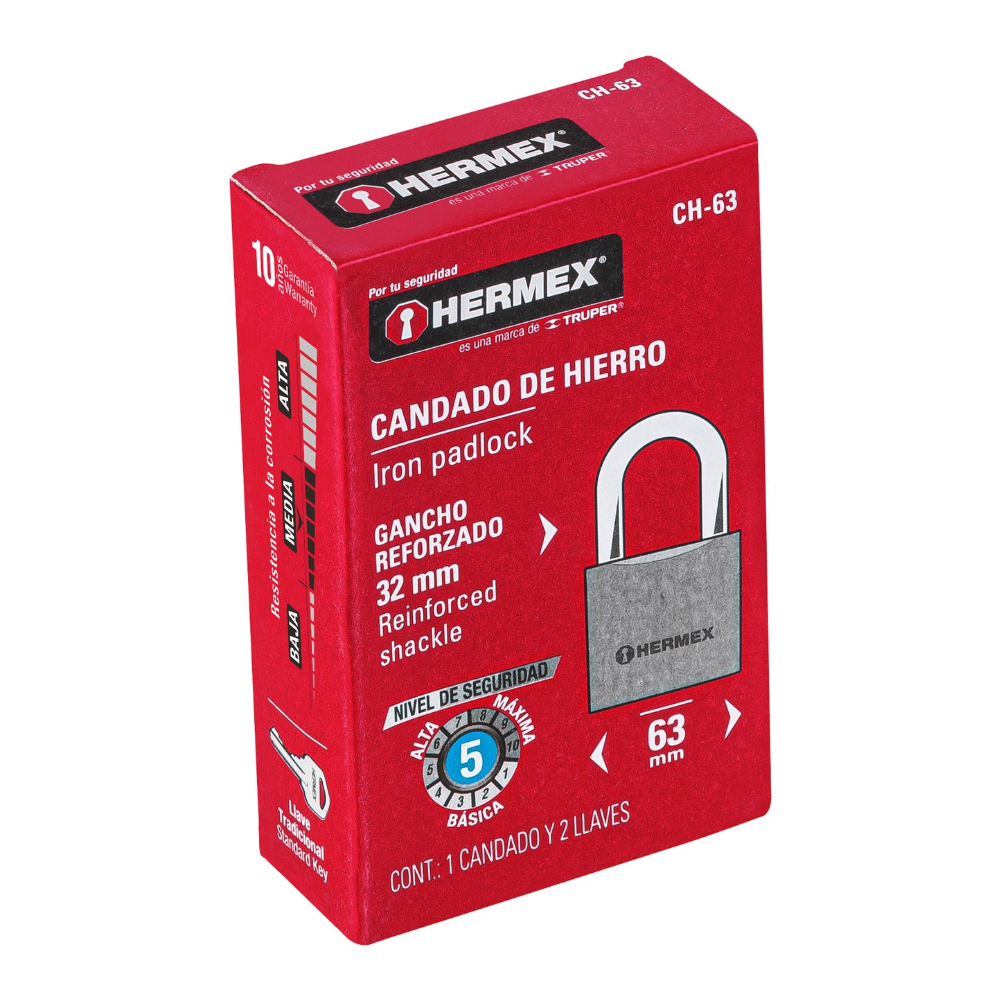 Candado de hierro 63 mm gancho corto en caja, Hermex CH-63 43801 MM0