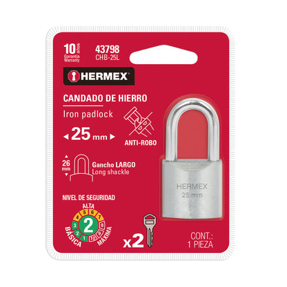 Candado de hierro 25 mm gancho largo en blíster, Hermex CHB-25L 43798 MM0