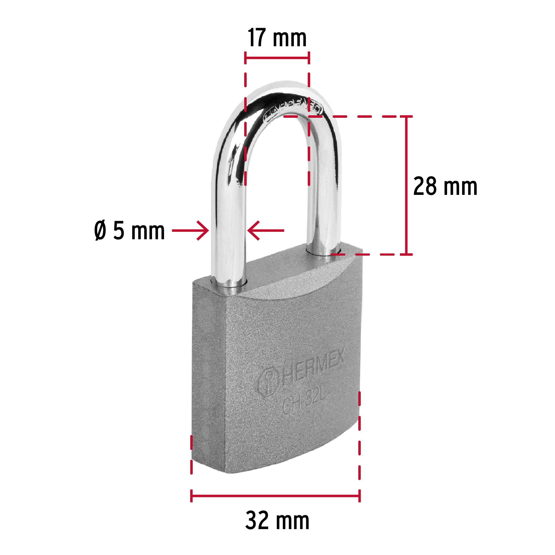 Candado de hierro 32 mm gancho largo en blíster, Hermex CHB-32L 43794 MM0