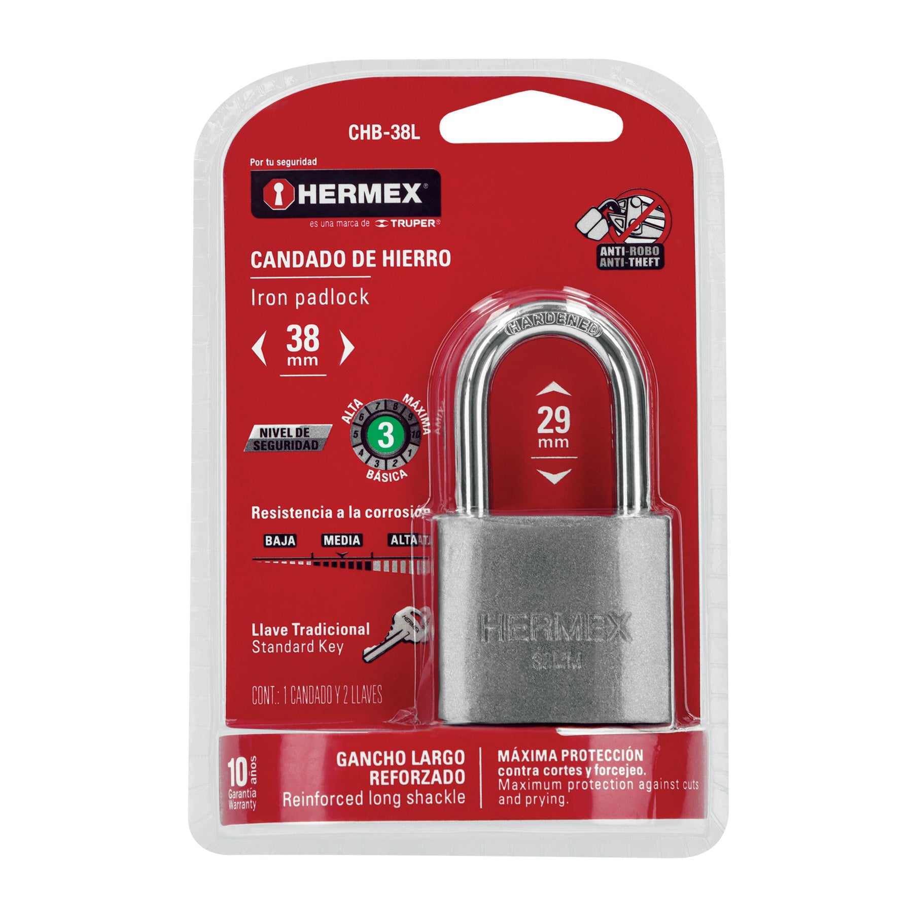 Candado de hierro 38 mm gancho largo en blíster, Hermex CHB-38L 43326 MM0