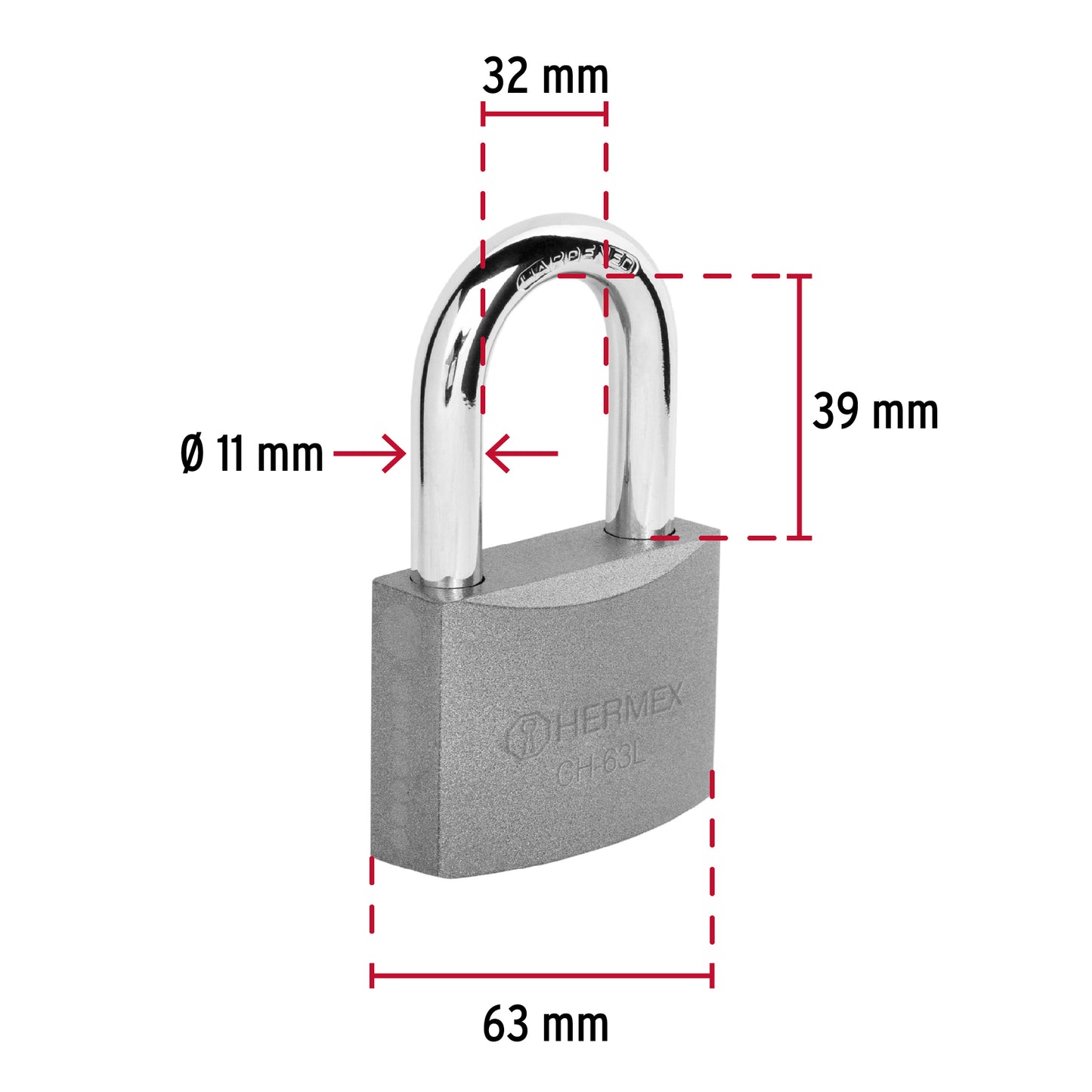 Candado de hierro 63 mm gancho largo en blíster, Hermex CHB-63L 43804 MM0