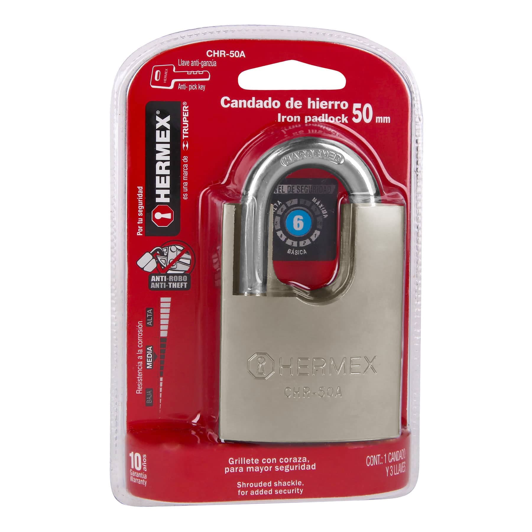 Candado de hierro 50 mm con coraza, llave anti-ganzúa CHR-50A 43313 MM0