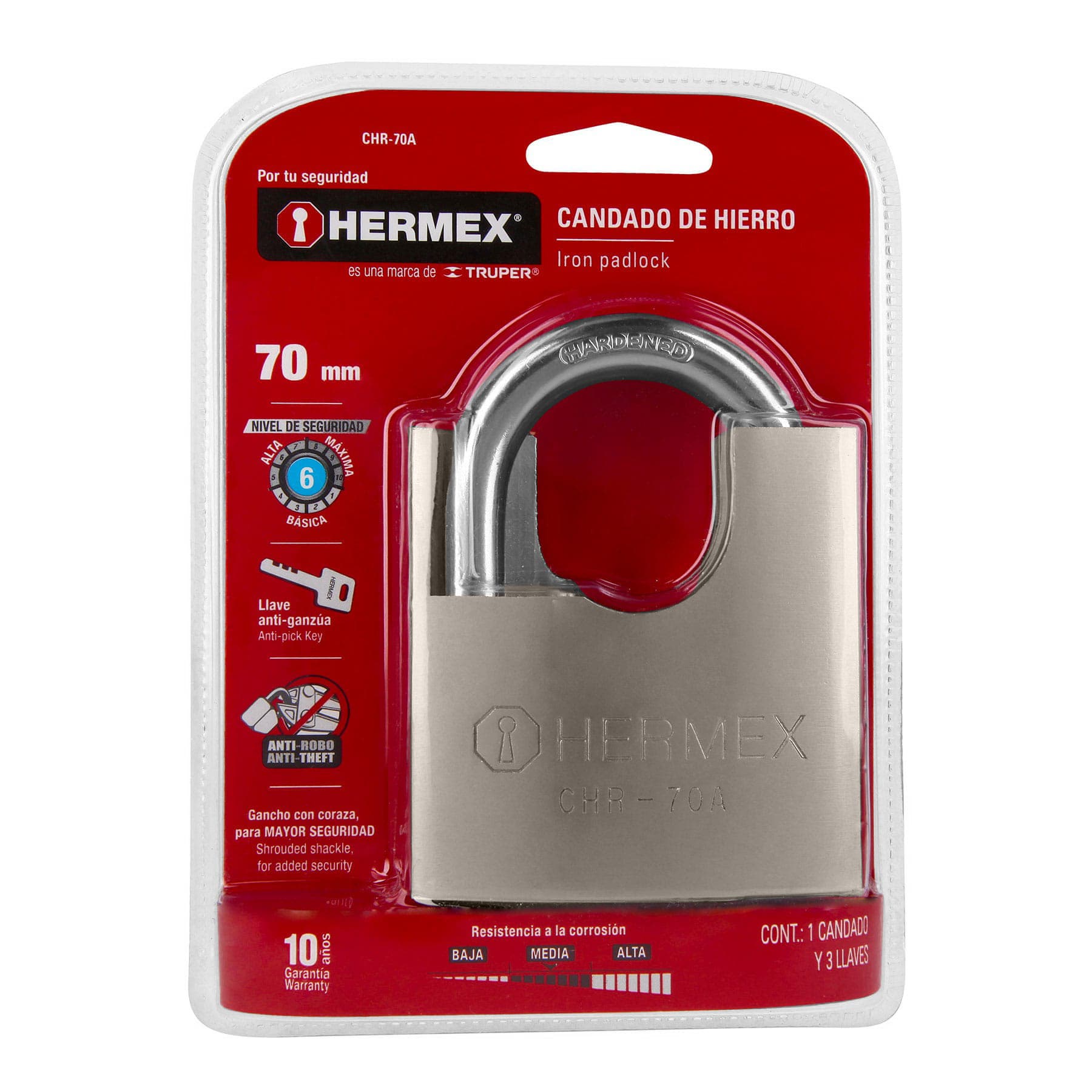 Candado de hierro 70 mm con coraza, llave anti-ganzúa CHR-70A 43003 MM0