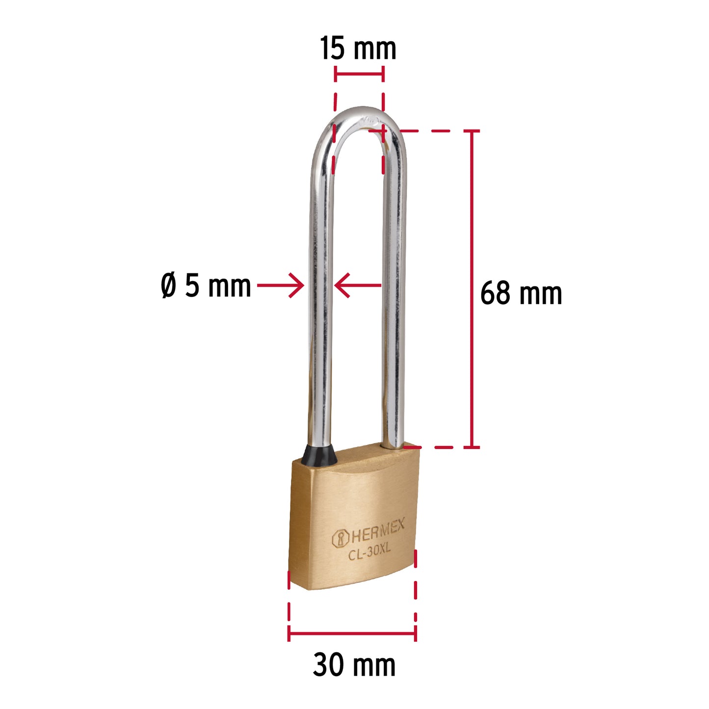 Candado de latón 30 mm gancho extra largo en blíster, Hermex CL-30XL 43440 MM0