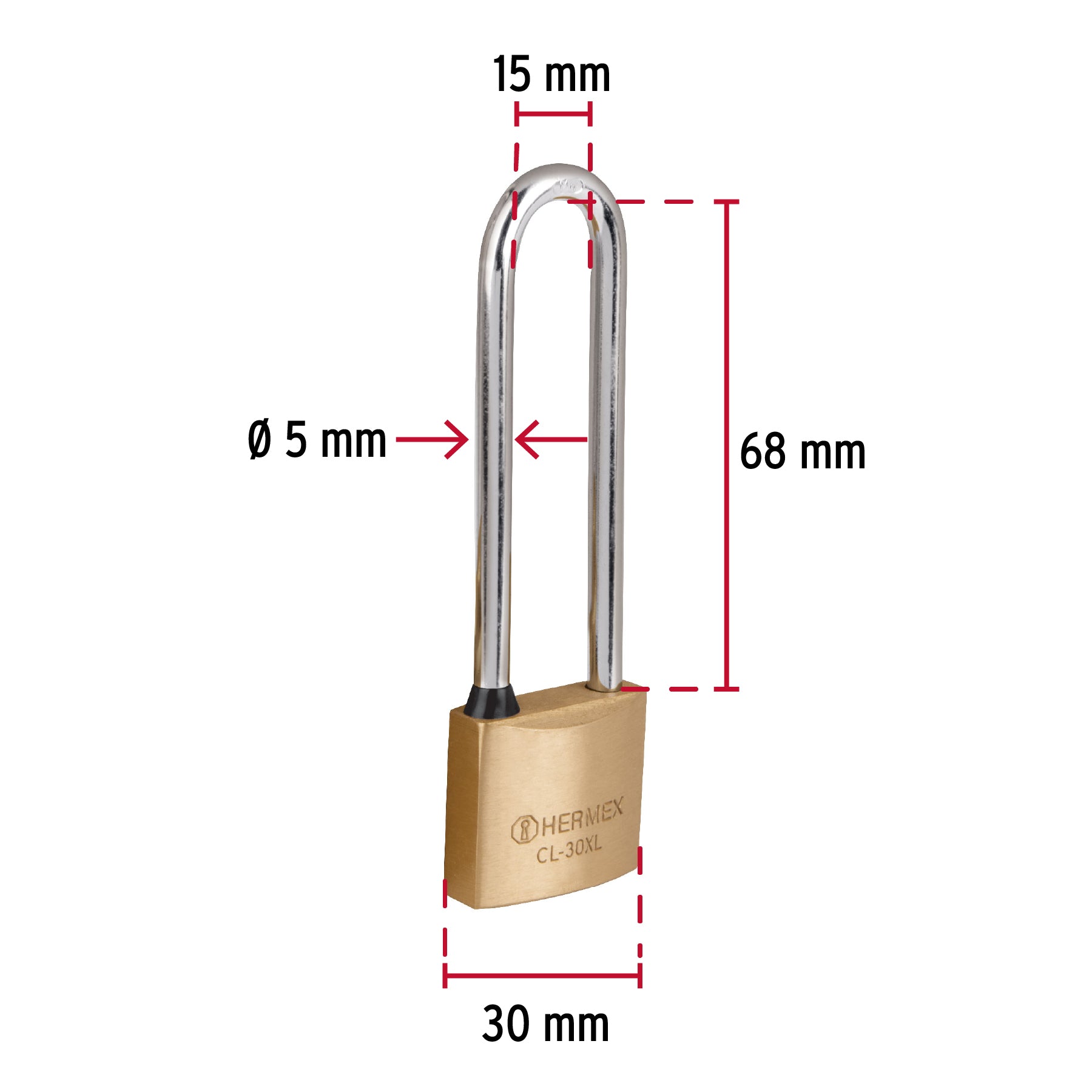 Candado de latón 30 mm gancho extra largo en blíster, Hermex CL-30XL 43440 MM0