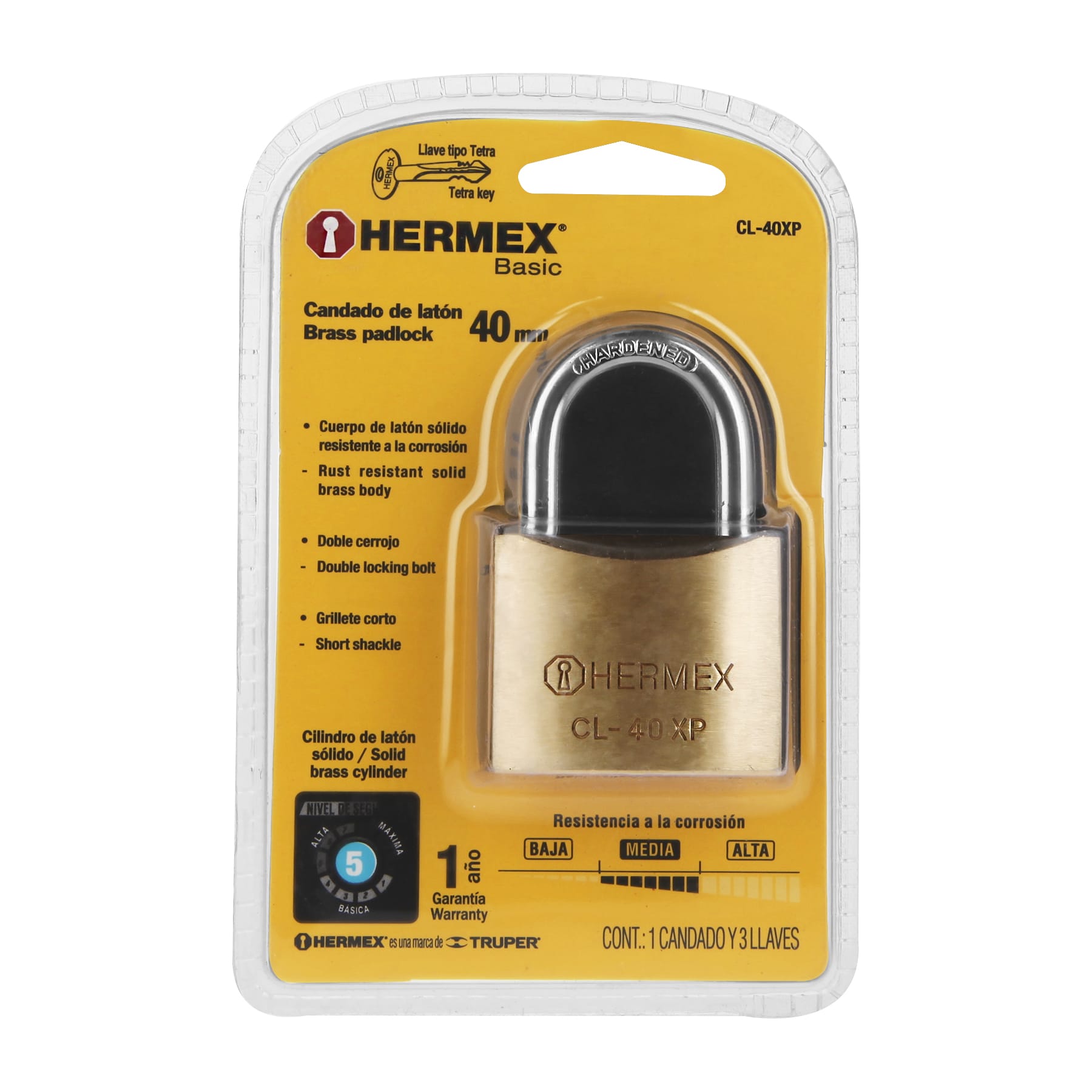 Candado de latón 40 mm llave tetra en blíster, Hermex Basic CL-40XP 23510 MM0