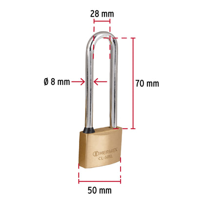 Candado de latón 50 mm gancho extra largo en blíster, Hermex CL-50XL 43442 MM0