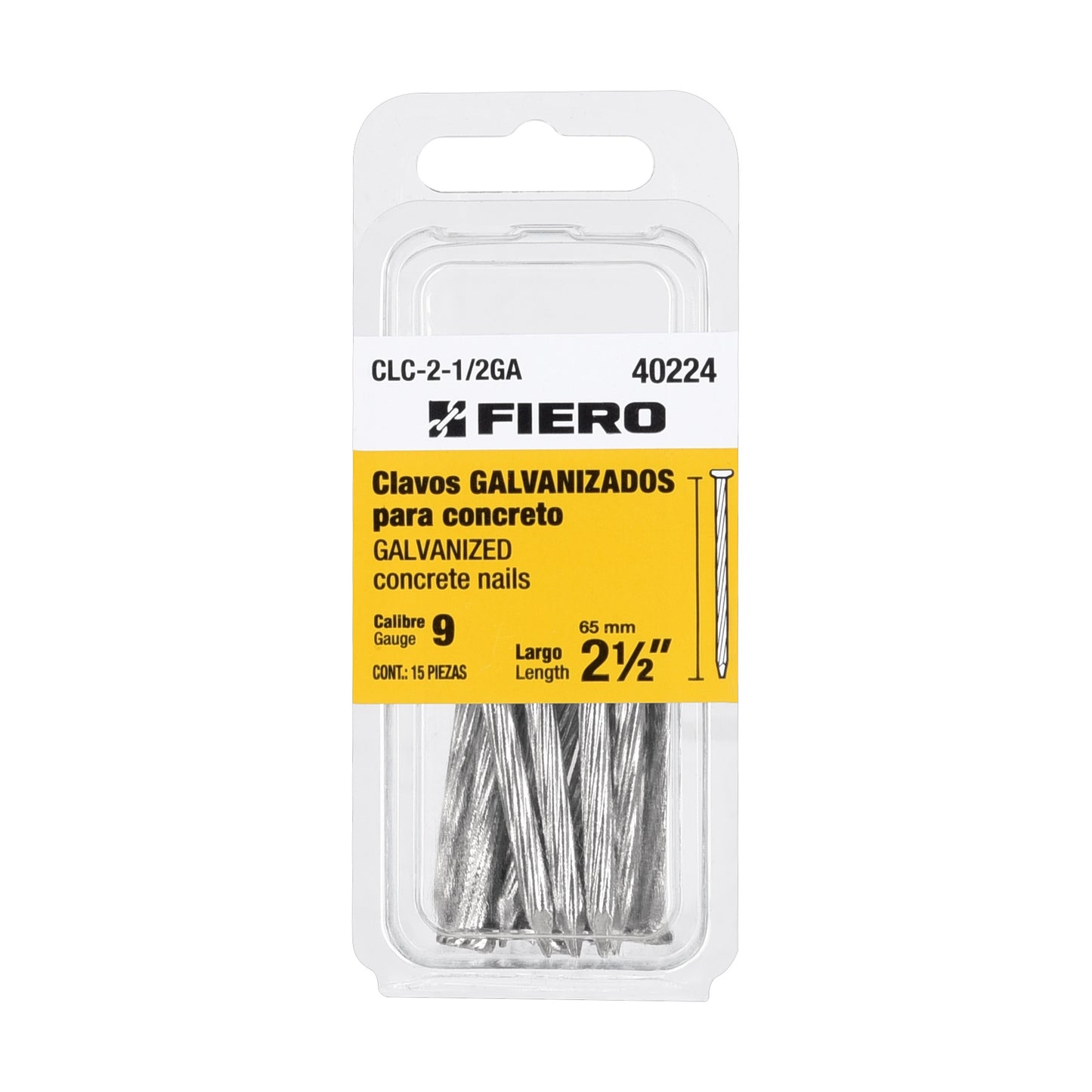 Blíster con 15 clavos galvanizados p/concreto 2-1/2', Fiero CLC-2-1/2GA 40224 MM1