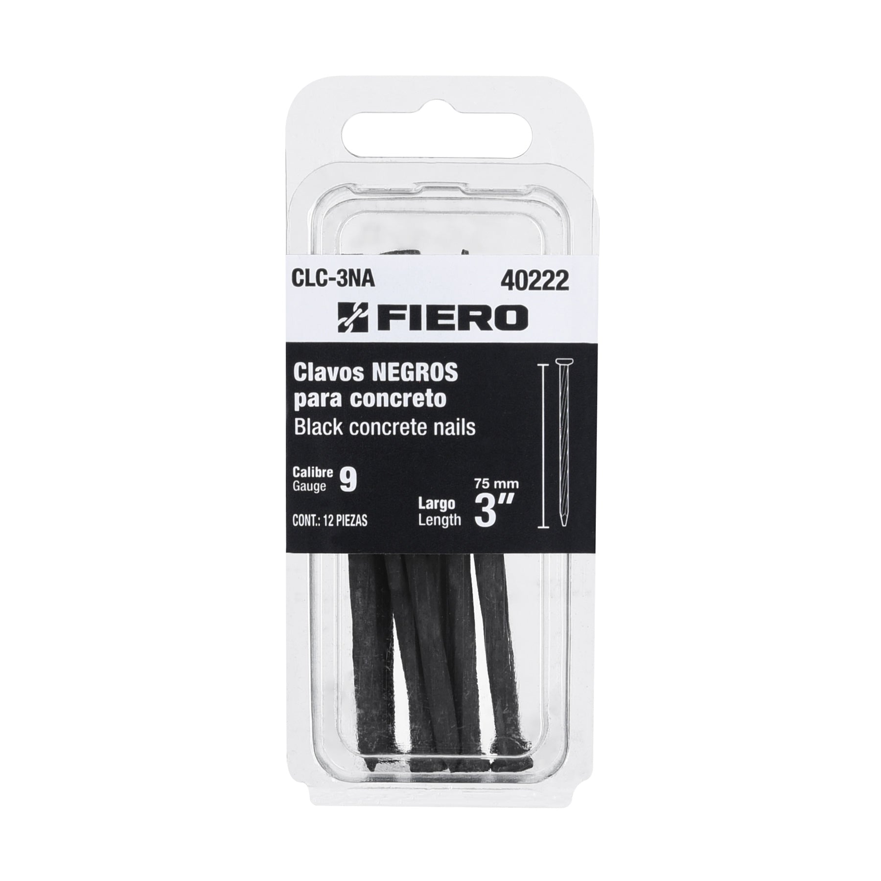 Blíster con 12 clavos negros para concreto 3', Fiero CLC-3NA 40222 MM1