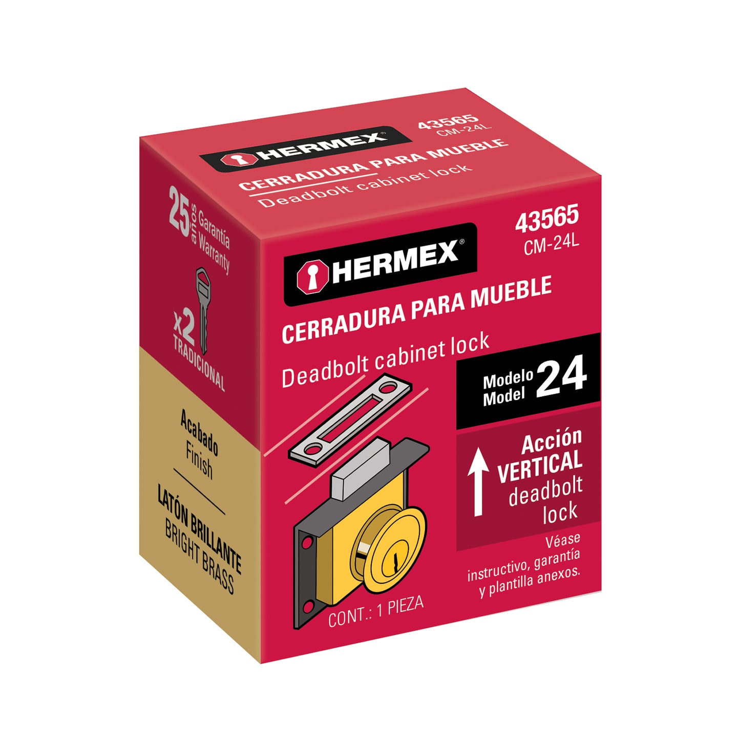 Cerradura para mueble, modelo 24, latón, Hermex CM-24L 43565 MM0