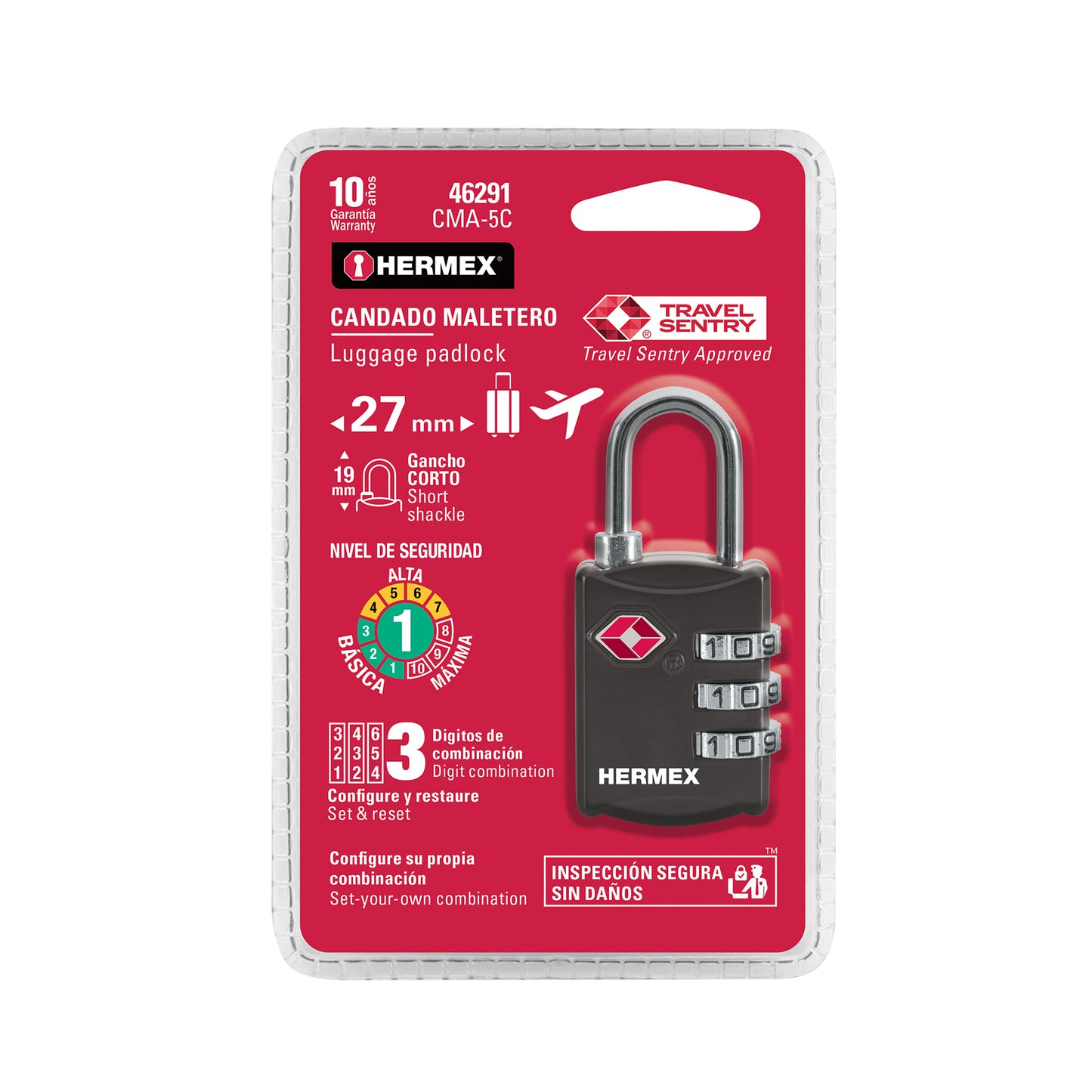 Candado maletero de combinación 27 mm seguridad TSA, blíster CMA-5C 46291 MM0