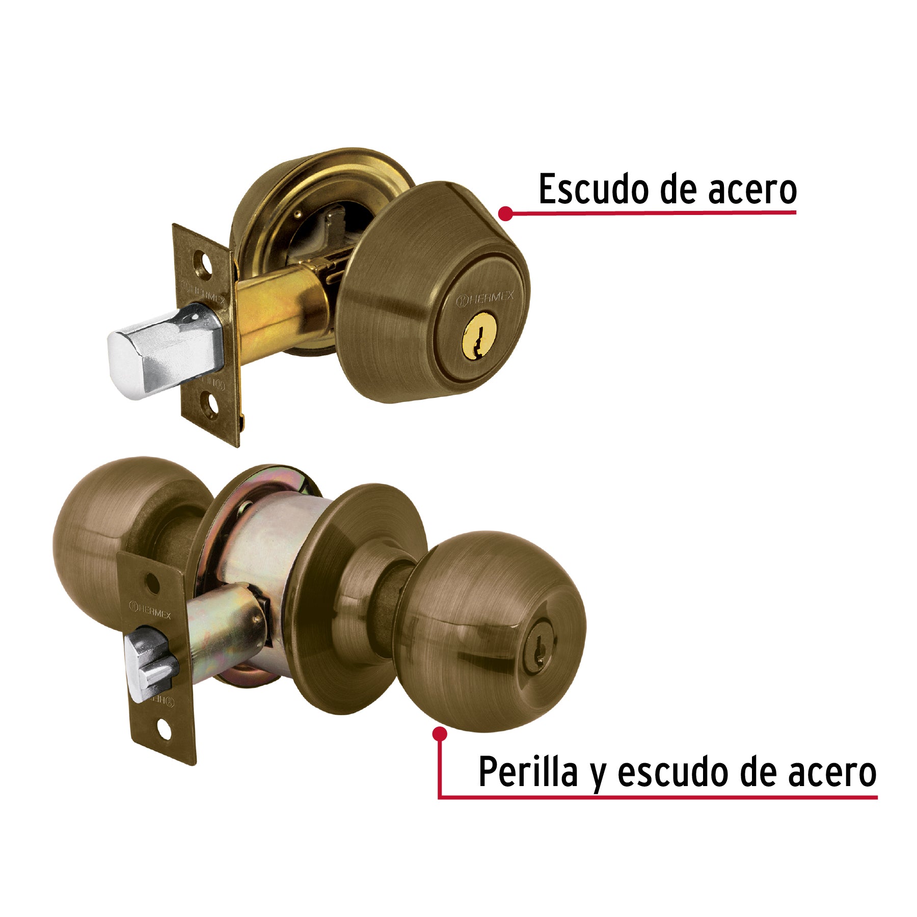 Combo cerraduras, llave-llave, latón antiguo, Hermex Basic CMB-22P 23620 MM0