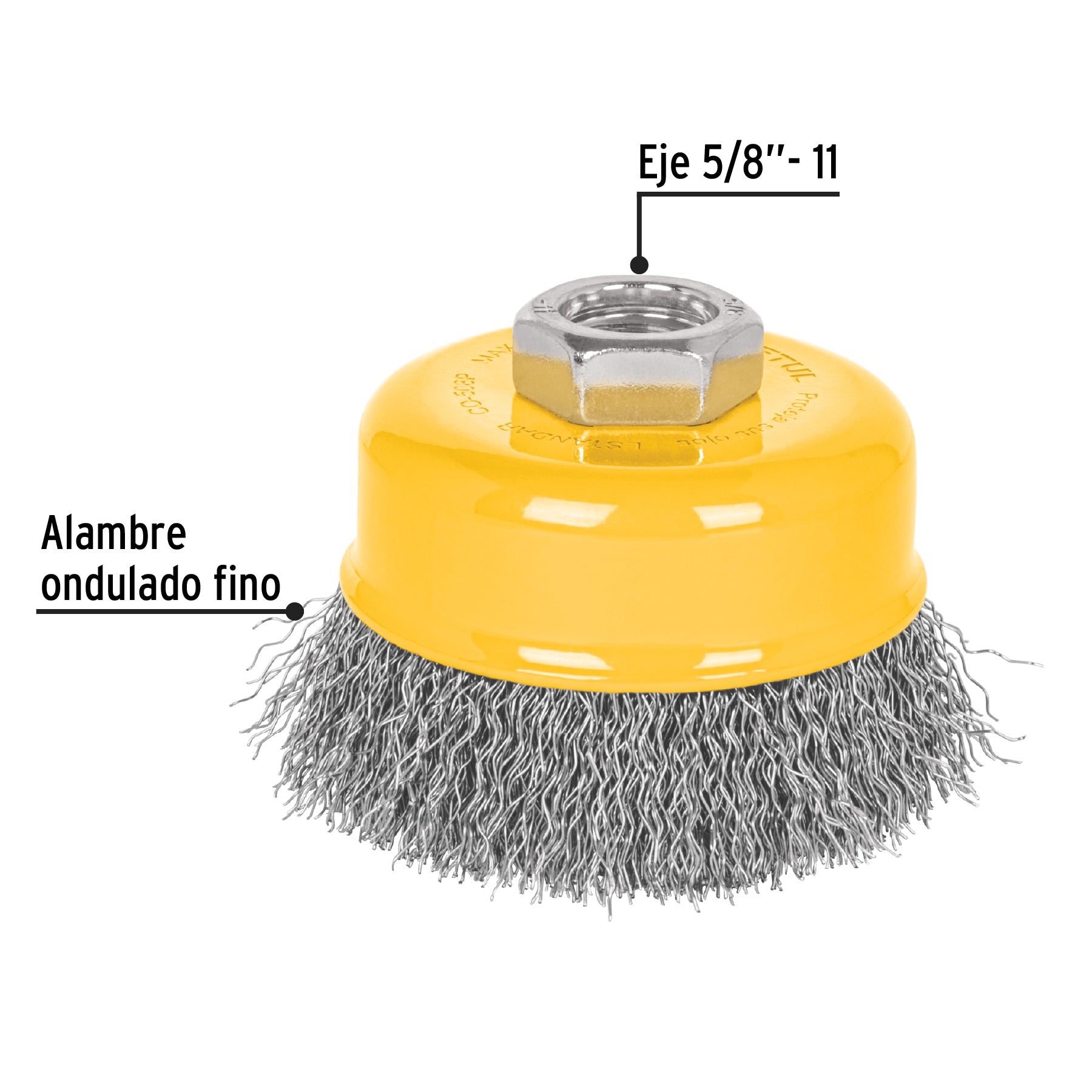 Carda copa 3' alambre ondulado fino, eje 5/8'-11, Pretul CO-508P 28262 MM00