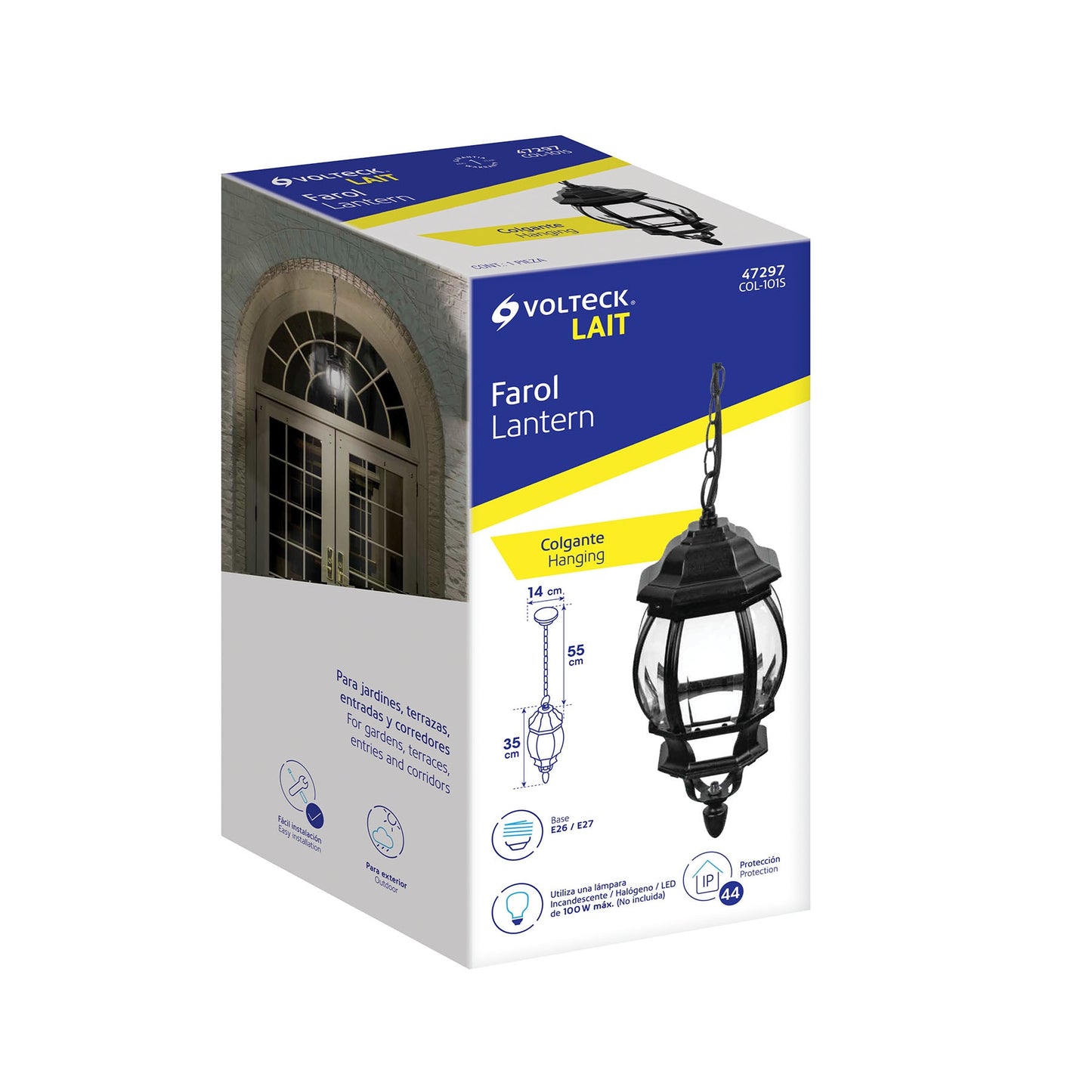 Arbotante tipo farol tradicional colgante p/exterior, negro COL-101S 47297 MM0