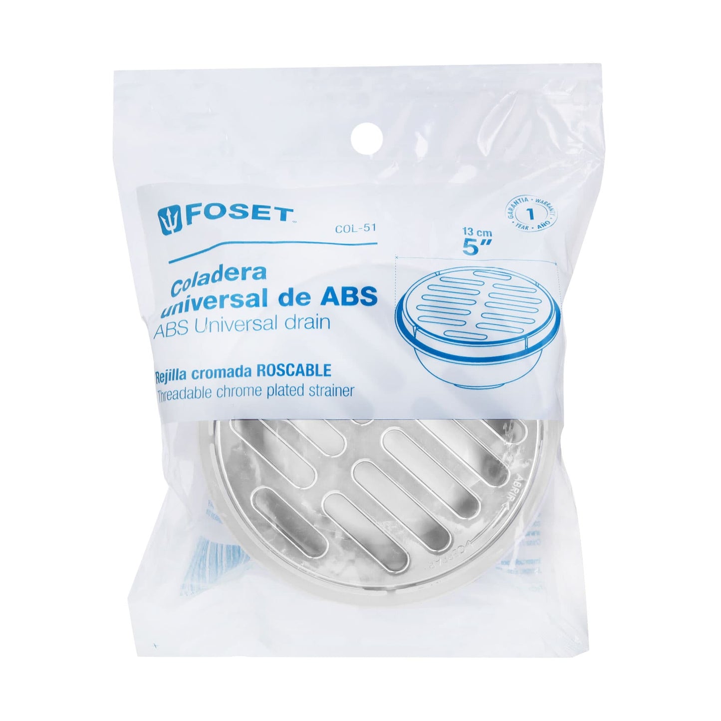 Coladera de ABS con rejilla cromada 5', 1/4 de vuelta, Foset COL-51 49616 MM00