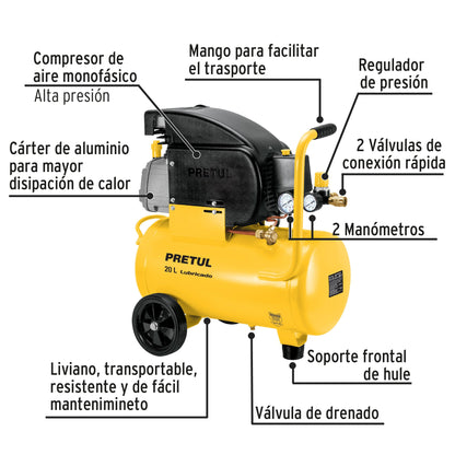 Compresor de aire, lubricado,horizontal 20L 2½HP 127V Pretul COMP-20LP 23065 MM2