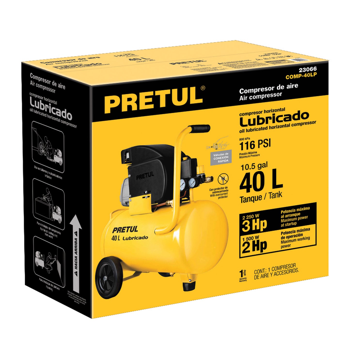 Compresor de aire, lubricado, horizontal 40L 3HP 127V Pretul COMP-40LP 23066 MM2