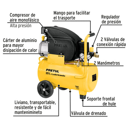 Kit Compresor de aire 20L 2½HP,manguera, pistola LVMP,Pretul COMP-KIT20P3 24079 MM2