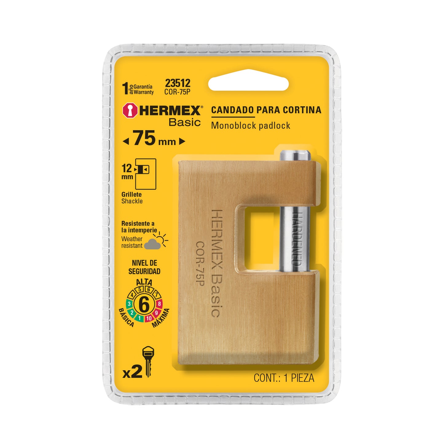 Candado antipalanca 75 mm cuerpo de latón, Hermex Basic COR-75P 23512 MM0