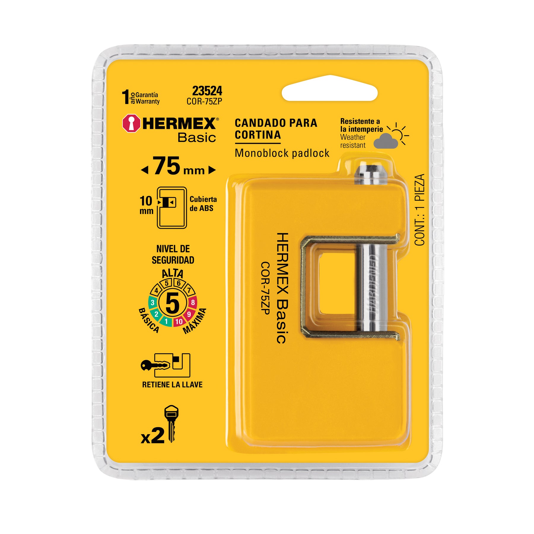 Candado antipalanca 75 mm cuerpo metálico, Hermex Basic COR-75ZP 23524 MM0