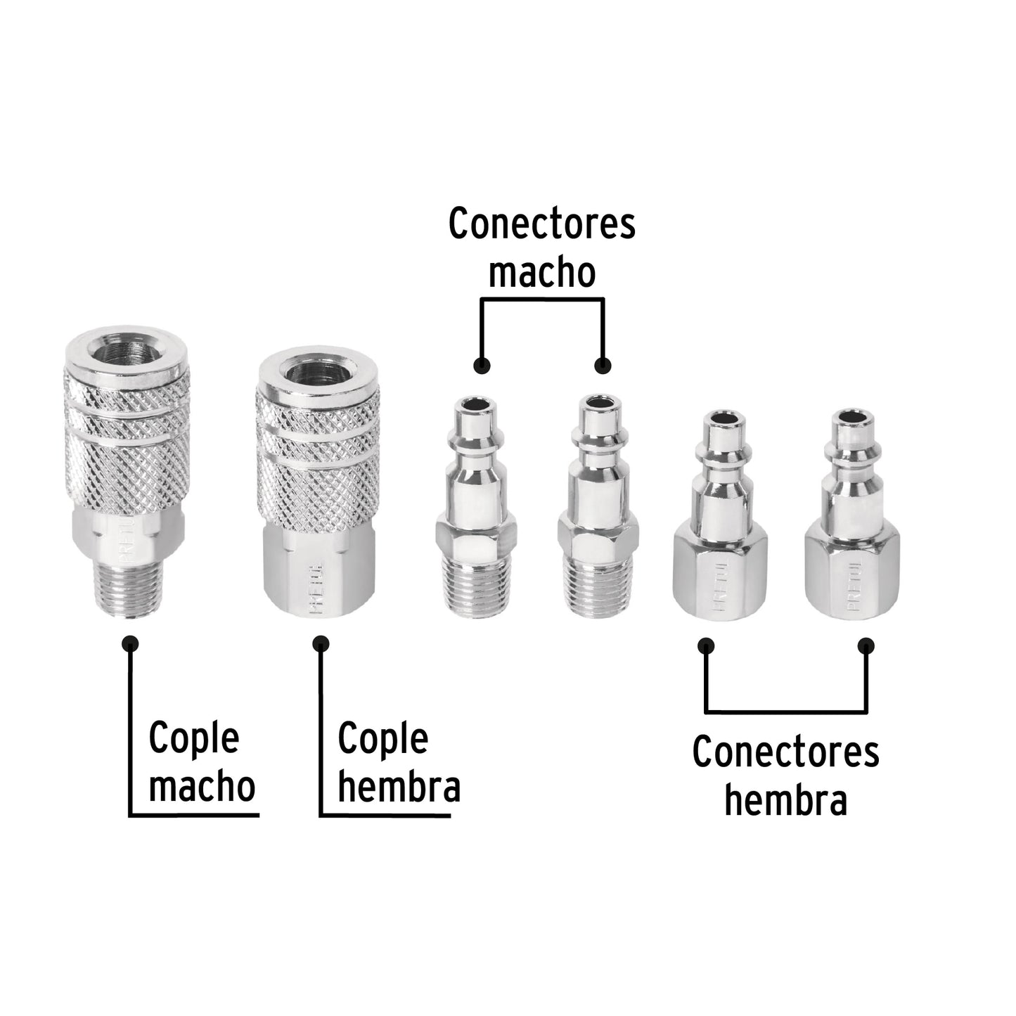 Juego de 4 conectores y 2 coples, compresor de aire, Pretul CORAL-6P 27030 MM00